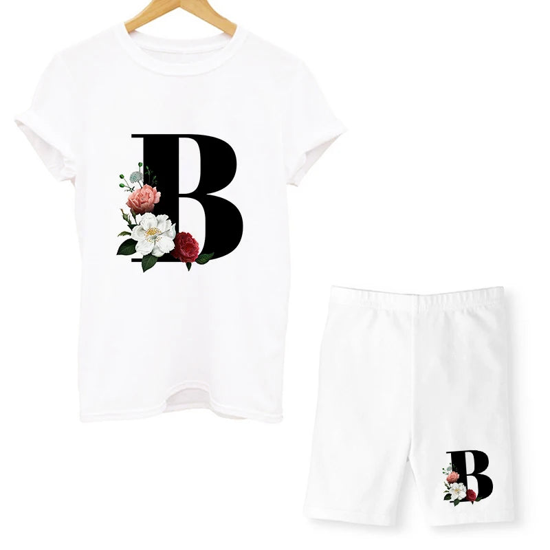 Two Piece Sets Women Summer Letter Printed T Shirts+Shorts Ensemble Femme Short Sleeve O-Neck Casual Biker Joggers Sexy Outfit