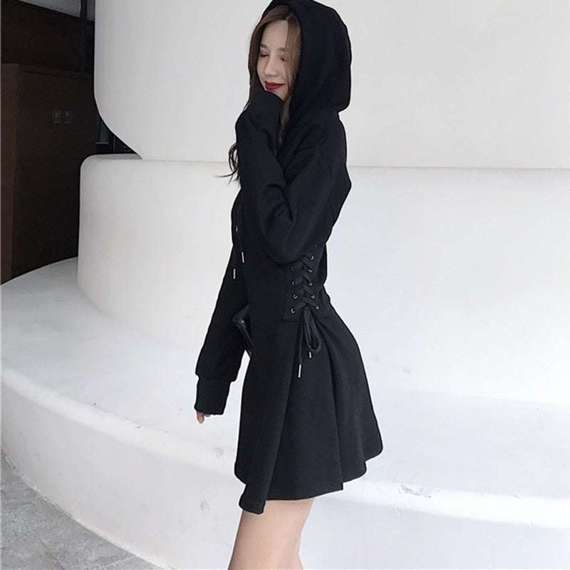 Spring 2022 Hooded Dress Women Lace Up Waist Slim Black Gothic Dress Female Short Mini Harajuku Streetwear Vestidos