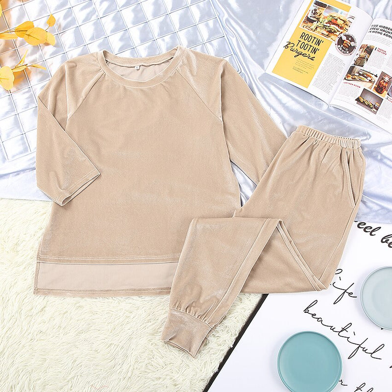 HiLoc Knitted Velvet Sleepwear Women Irregular Home Suit Winter Sets 2021 Warm Khaki Solid Female Pajamas Top And Pants Spring