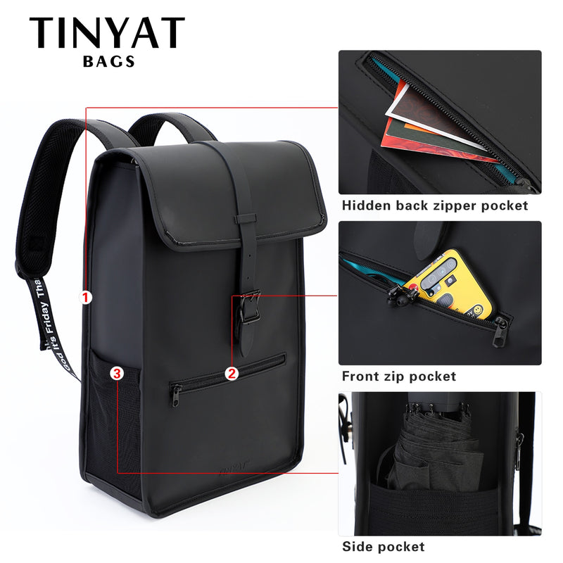 TINYAT New Men's Leather Backpack laptop Backpack for 14 15  inch Waterproof Travel Backpack for School Hiking Finshing Backpack