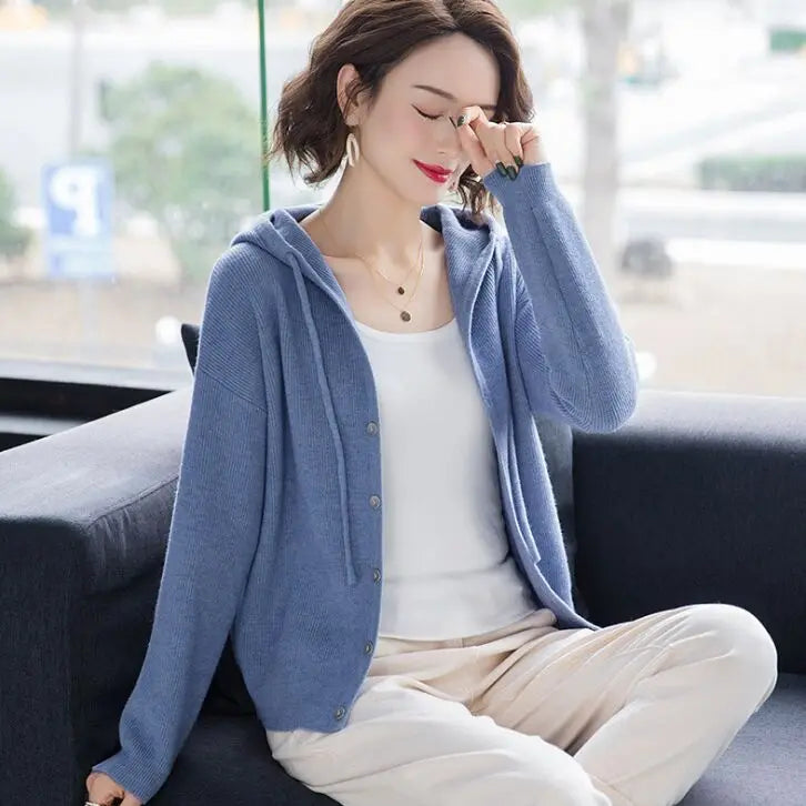 Women 2020 Spring Autumn Casual Hooded Thin Knitted Sweater Female Loose Cardigans Coat New Ladies Solid Outerwear  NS4637
