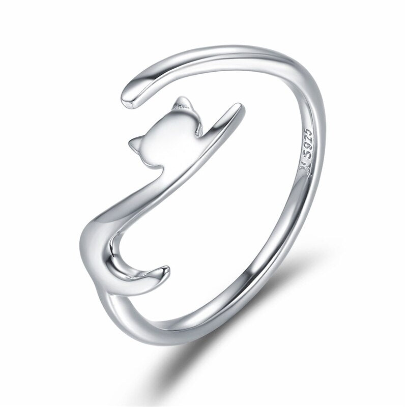 WOSTU 925 Sterling Silver Sticky Cat with Long Tail Finger Ring For Women Adjustable S925 Silver Ring Jewelry Gift CQR220