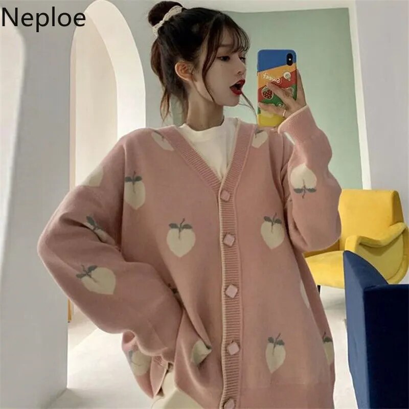 Neploe Sweater Cardigan Cute Pink Sweaters Women Peach Cardigans Knit Oversized Tops 2023 Korean Autumn Long Sleeve Pull Femme