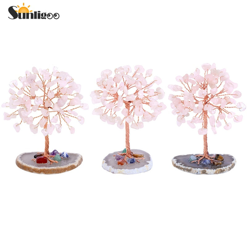 Sunligoo Super Mini Crystal Money Tree Copper Wire Wrapped W/ Agate Slice Base Healing Gemstone Yoga Feng Shui Trees Home Decor