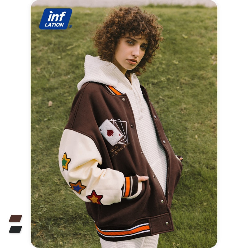 INFLATION Streetwear Vintage Baseball Jacket Men High Quality Towel Embroidery Jacket Couple Fleece Bomber Coat