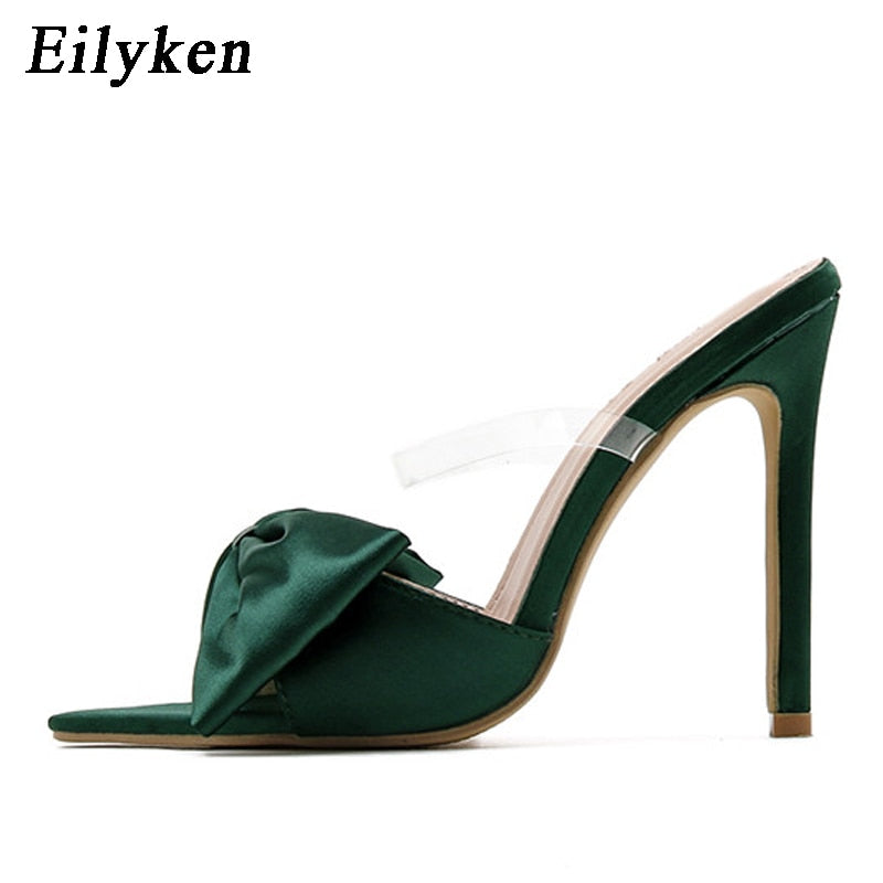 Eilyken Silk Butterfly-knot Slippers Mule High Heels Women Sandals Flip Flops Pointed toe Strappy Slides Party Shoes