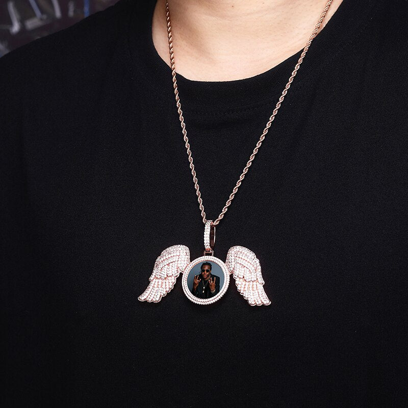 TOPGRILLZ New Angel Wings Custom Photo Medallion Pendant And Necklace Iced Out  Cubic Zirconia Pendant Hip Hop Jewelry Gift