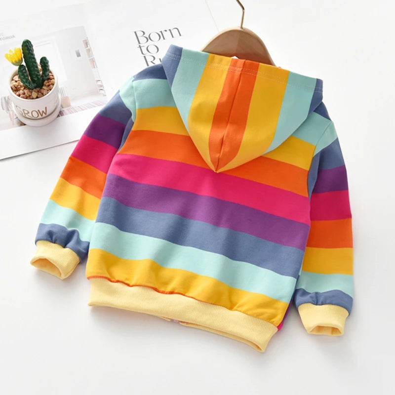 Autumn Baby Girls Hoodie Jacket Kids Sweater Shirt Rainbow Stripe Long Sleeve T-Shirt Children Tops Zipper Sweatshirt Child Coat