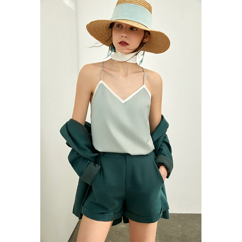 AMII Minimalism Autumn Women Solid Lapel Double Breasted Suit Coat High Waist Solid Pant Solid Short 12040051