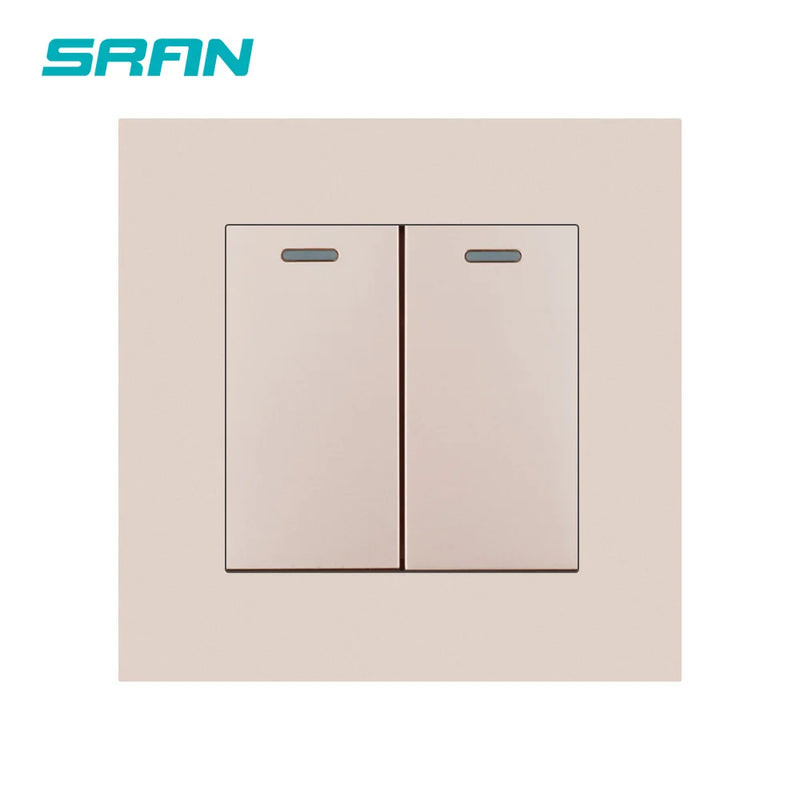SRAN Wall Light switch 2gang 1/2way 16A 86mm*86mm white/black/gold/gray flame retardant pc panel with  iron plate rocker switch