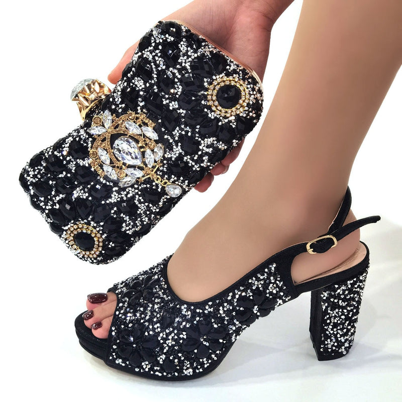 Venus Chan 2022 Nigerian Summer Hot Sale Luxury Fashion Ladies High Heel Slippers and Bags Set with Rhinestones for Wedding