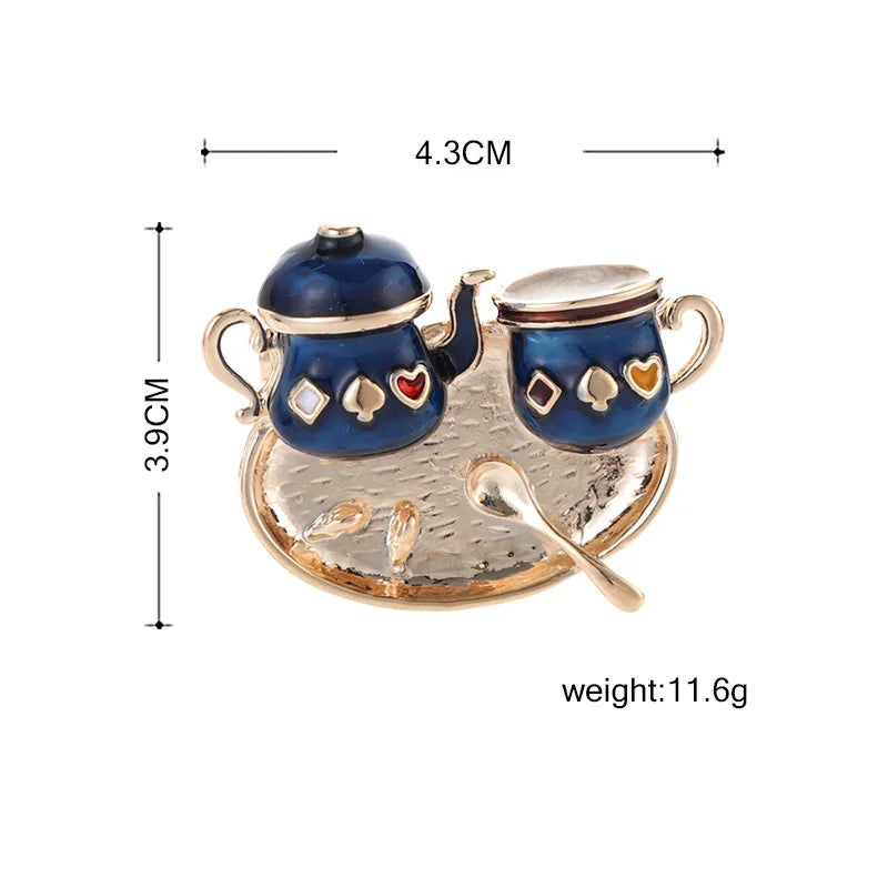 Blucome Enamel Double Teapot Cup Shape Brooches Women Suit Clothing Dress Accessories Hat Cafe Badge Hijab Pin Scarf Buckle Gift