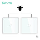 BSEED 2Pack Light Switches Wall Touch Switches 1Gang 2Way LED Sensor Tempered Glass Interrupter EU Standard Blue Backlight 240V