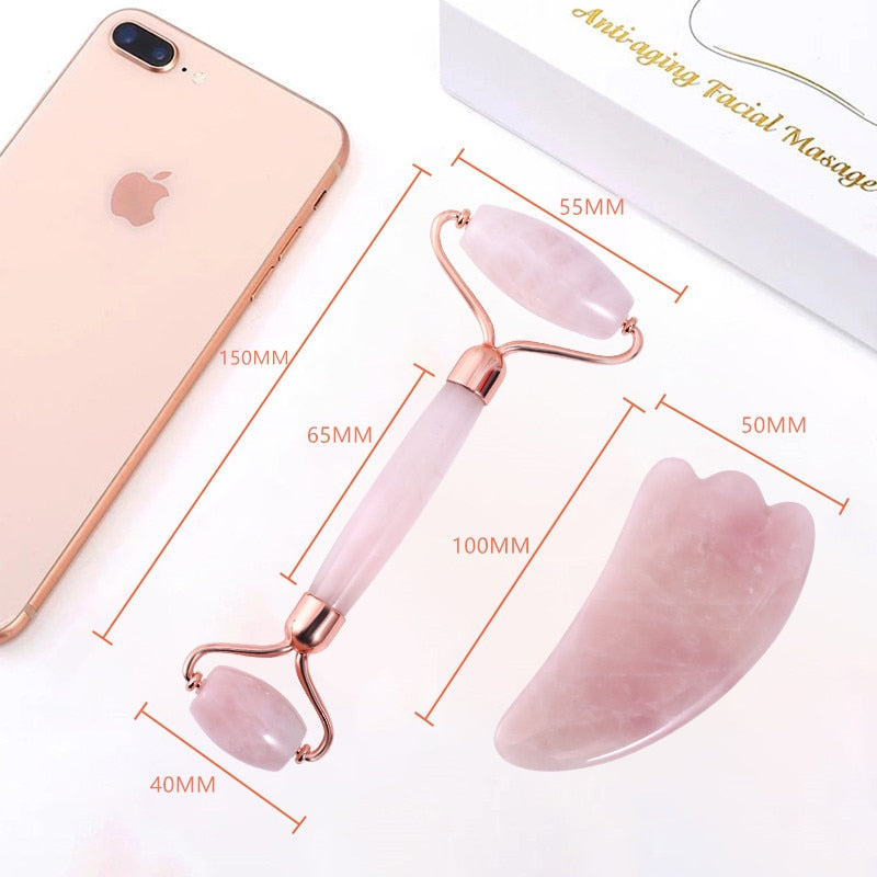 Rose Quartz Roller Massager Tool Natural Stone Facial Massager Jade Roller Microneedle Roller Jade Spatula Skin Care Kit Box