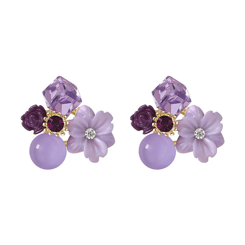 Purple Crystal Flower Stud Earrings For Woman  Korean Fashion Jewelry Wedding Party Girl Elegance Set Accessories