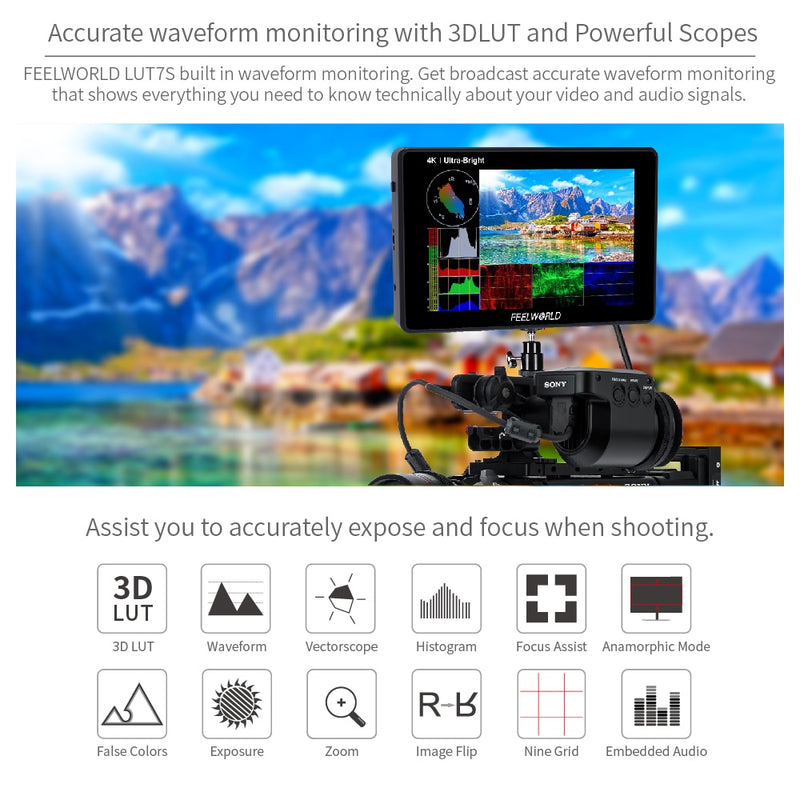 FEELWORLD LUT7S 7 Inch 2200nits Touch Screen Field Monitor 3D LUT Full HD 1920x1200 IPS 3G SDI 4K HDMI Input Output DSLR Monitor