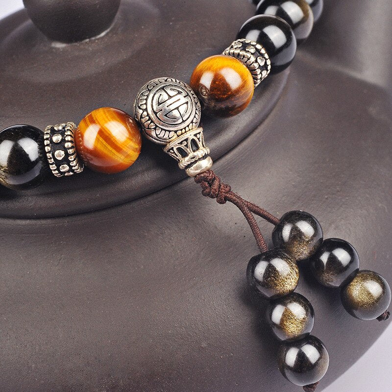 Men Bracelet Natural Golden Black Obsidian Bead Tibetan Silver Pixiu Bracelet Yellow Tiger Stone Bracelets Men Jewelry