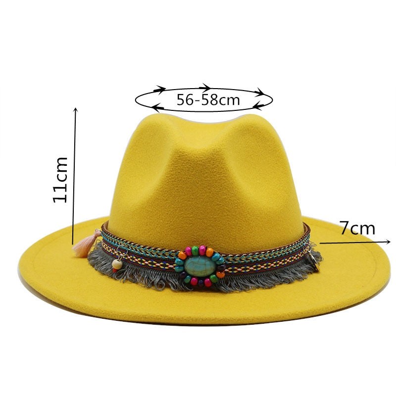 NEW Men Women Wool Felt Jazz Style Fedora Hats Panama Trilby Party Formal Top Hat In BLACK WHITE AND YELLOW with Belt Decor