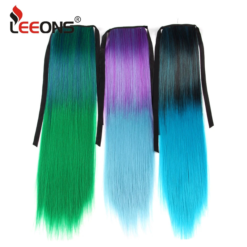 Leeons Synthetic Hair Ponytail Long Straight Around Clip In Ponytail Hair Extension Ombre Blue Hair Cosplay Party Ponytail