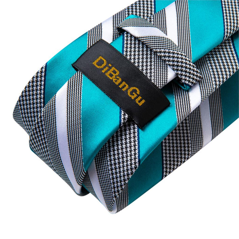 Gift Men Tie Teal Blue White Striped Silk wedding Tie For Men DiBanGu Designer Hanky Cufflink Quality Men Tie Set Business 7339