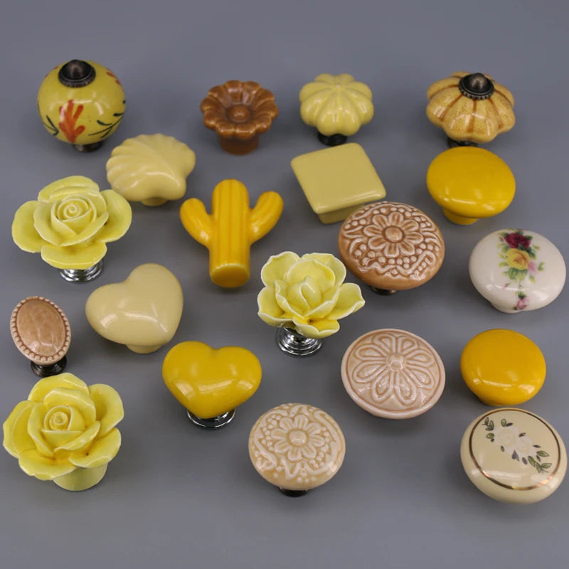 1PC Vintage Europe Ceramic Knobs Yellow colored Porcelain Pulls Handles for Kids Furniture Wardrobe cabinet Doors drawer Knobs