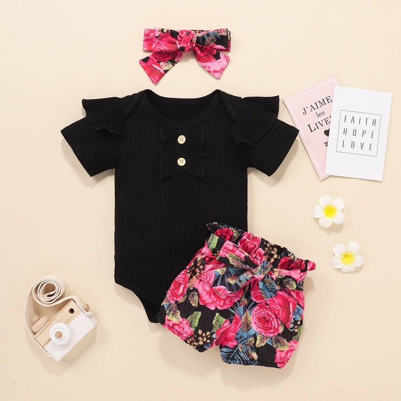 Newborn Baby Girls Outfits Clothes Cotton Solid Romper Jumpsuit + Denim Shorts+Headband Sweet Set Summer New23