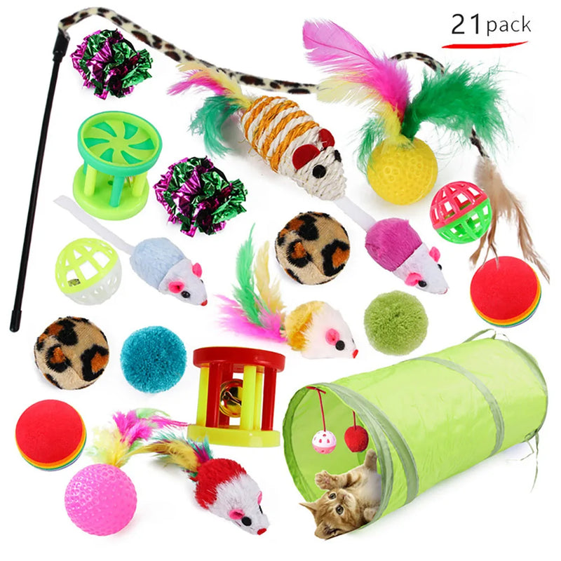 21Pcs Cat Toys Kit Collapsible Tunnel Cat Toy Fun Channel Feather Balls Mice Shape Pet Kitten Dog Cat Interactive Play Supplies