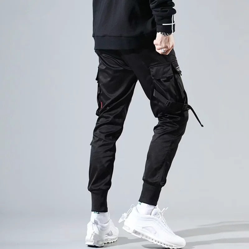 2023 Streetwear Men Ribbons Pants Homme Black Pockets Man Cargo Pants Harem Joggers Harajuku Sweatpant Hip Hop Trousers