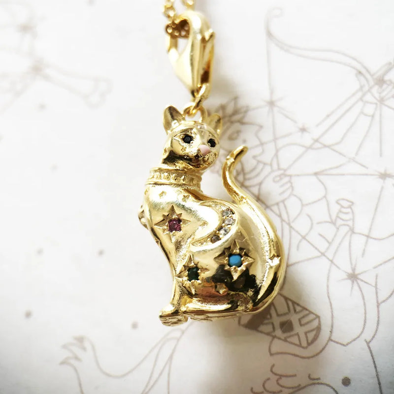 Necklace Golden Cat with Star Summer Brand New Cute Fine Jewelry Europe 925 Sterling Silver Magic Gift For Women