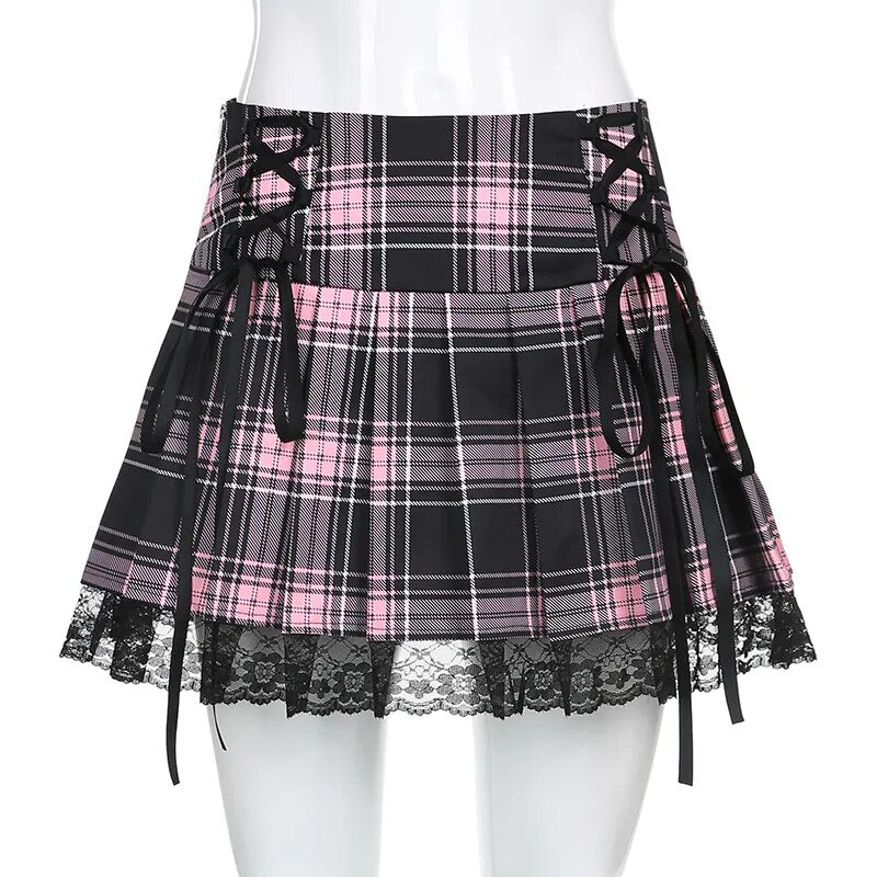 Sweetown Lace Up Goth New Woman Skirts Pink Stripe Plaid Lace Trim Pleated Skirt Punk Dark Academia Aesthetic Girl Clothes