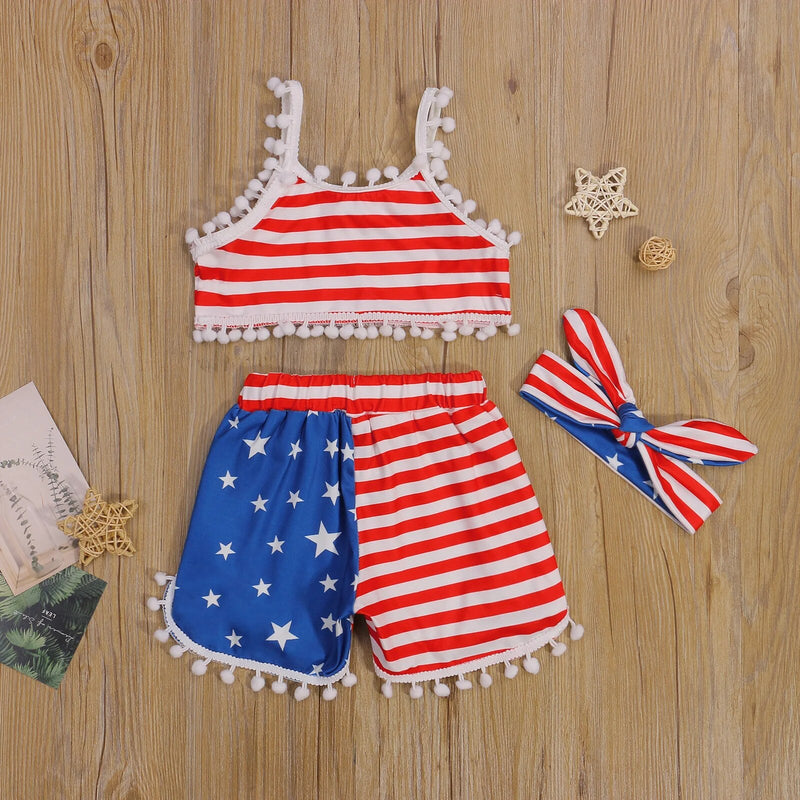 1-5Y Summer Kids Girls Independence Day Clothes Set Stripe Star Print Sleeveless Sling Tops + Short Pants + Headband