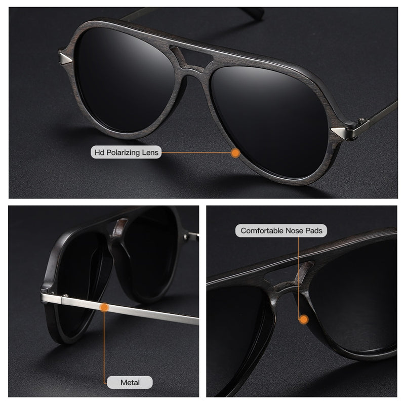 EZREAL Vintage Black Wood Frame Sunglasses Bamboo Galsses For Men Polarized UV Protection Handmade Wooden Sunglasses