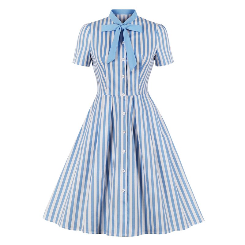 Tonval Bow Tie Neck Green Striped Vintage Robe Button Up Elegant Dresses for Women Cotton Retro Clothing Pocket Summer Dress