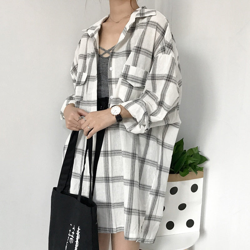 New Summer Long Loose Falling Shoulder Long Sleeve Lapel Plaid Pocket Shirt Women