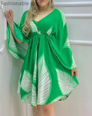 Summer Women's Fashion Cape Sleeve Leaves Print Ruched Dress