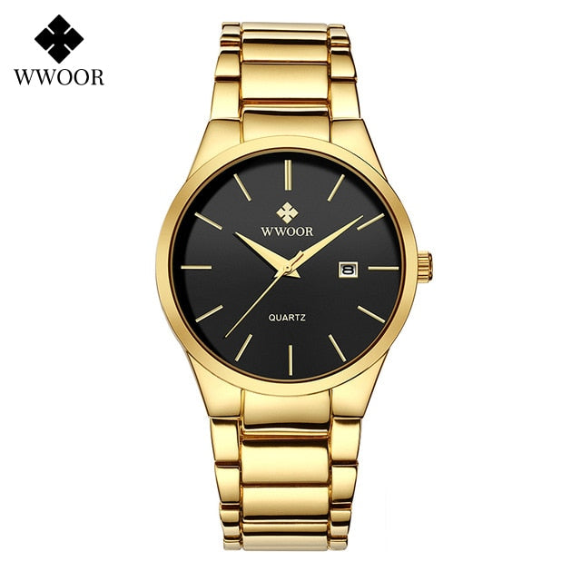 WWOOR Luxury Watch Men Business Sports Mens Quartz Wristwatches Gold Stainless Steel Waterproof Automatic Date Relogio Masculino