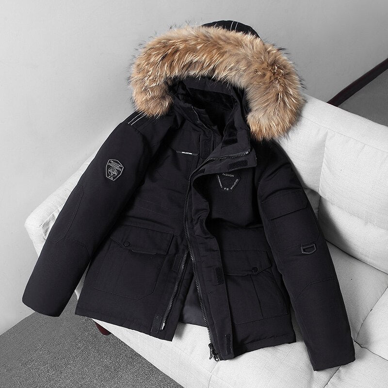 -30 Degree Winter Down Jacket Men Down Cotton Parkas Coat Mid-length Large Fur Collar Male Thicken Coat Snow Overcoat Parkas