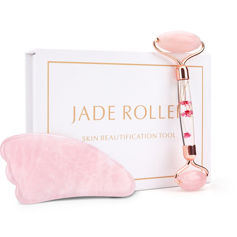 Rose Quartz Jade Roller Flower Pole Roller Face Lifting Massager Facial Manual Massage Heart-shaped Gua Sha Set Anti-wrinkles