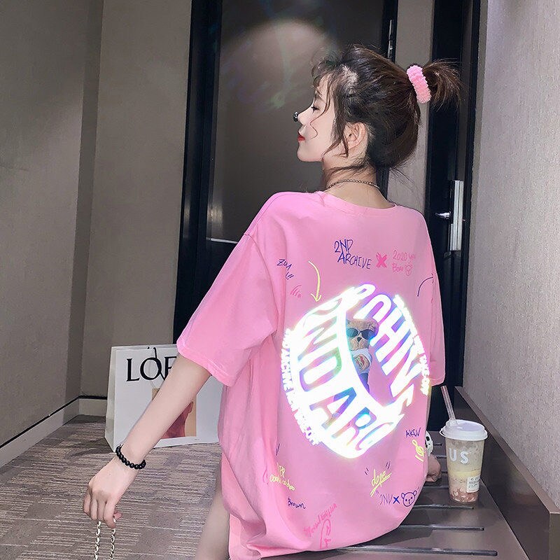 Harajuku Hip Hop Women Shirt INS Reflective Back Cartoon Bear T-shirt 2020 Summer Loose Couple Mid-length Short Sleeve Tops