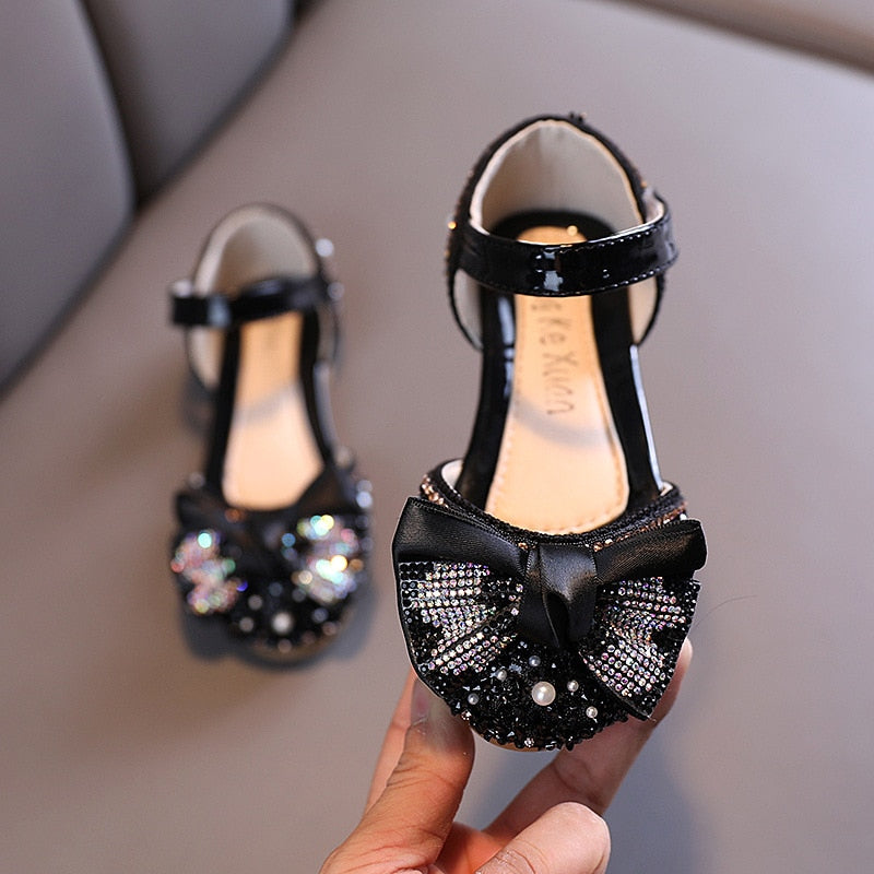 New Children Leather Shoes Rhinestone Bow Princess Girls Party Dance Shoes Baby Student Flats Kids Performance Shoes D785