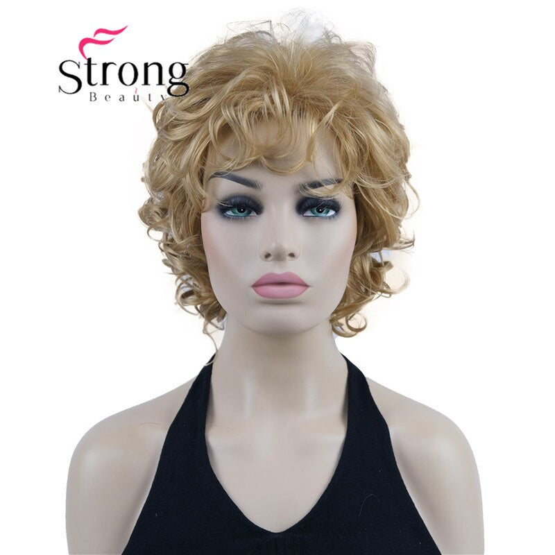 StrongBeauty Short Wig Soft Tousled Curls Blonde Highlights Full Synthetic Wigs COLOUR CHOICES