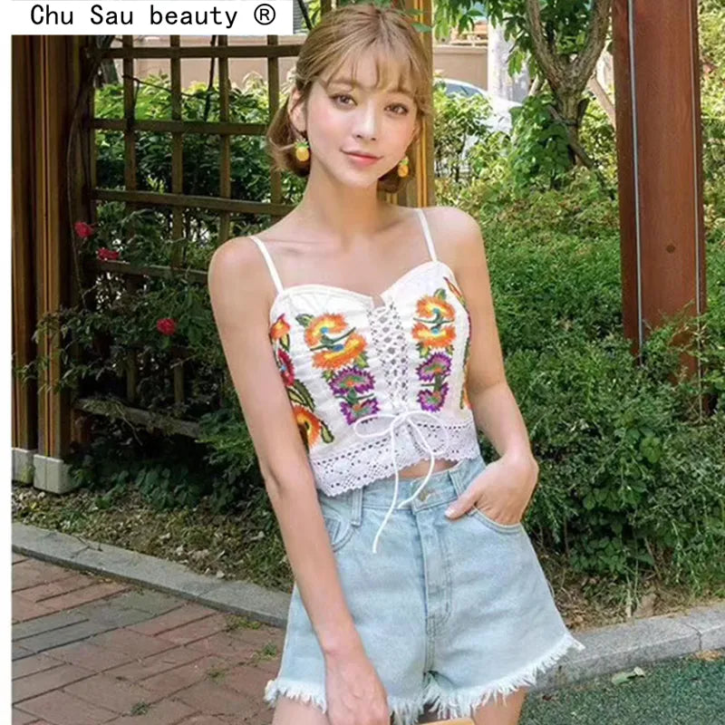 Boho Embroidery Flower Women Tanks Camis Sleeveless Bandage Knitted Fashion Summer Vest 2022 New Short Slim Chic Lady Tops