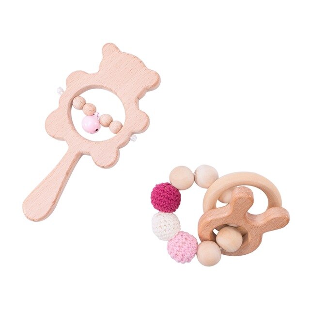 1set Baby Toys Wooden Rattle Bear Shape Hand Teething Baby Teether Musical Pacifier Chain Montessori Educational Stroller Toys