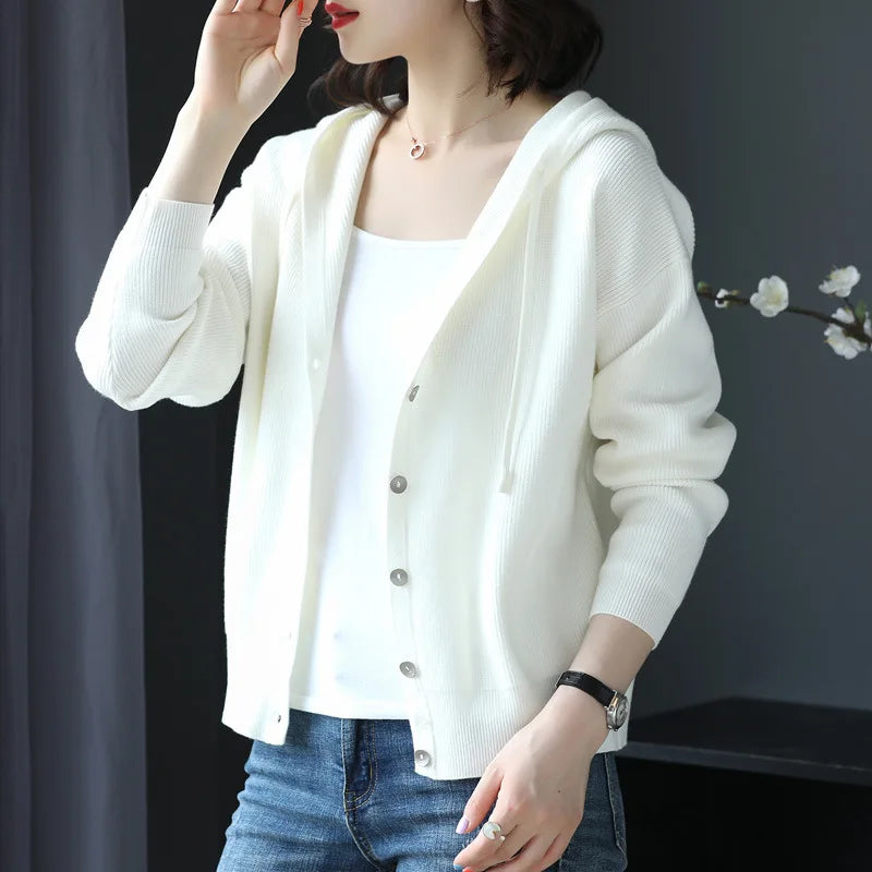 Women 2020 Spring Autumn Casual Hooded Thin Knitted Sweater Female Loose Cardigans Coat New Ladies Solid Outerwear  NS4637