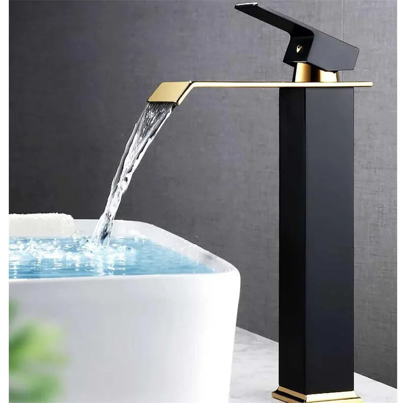 Gold and Black Basin Faucet Brass Waterfall Faucet Bathroom Faucet Bathroom Basin Faucet Mixer Tap Hot and Cold Sink faucet