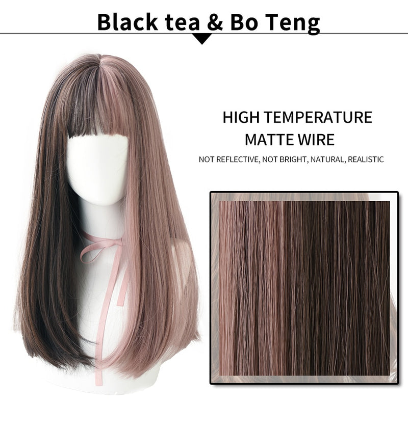 7JHH Long Remy Wig With Bangs Ombre Black Brown Synthetic Lolita Wig For Women High Temperature Wire Heat Resistant Cosplay Wig