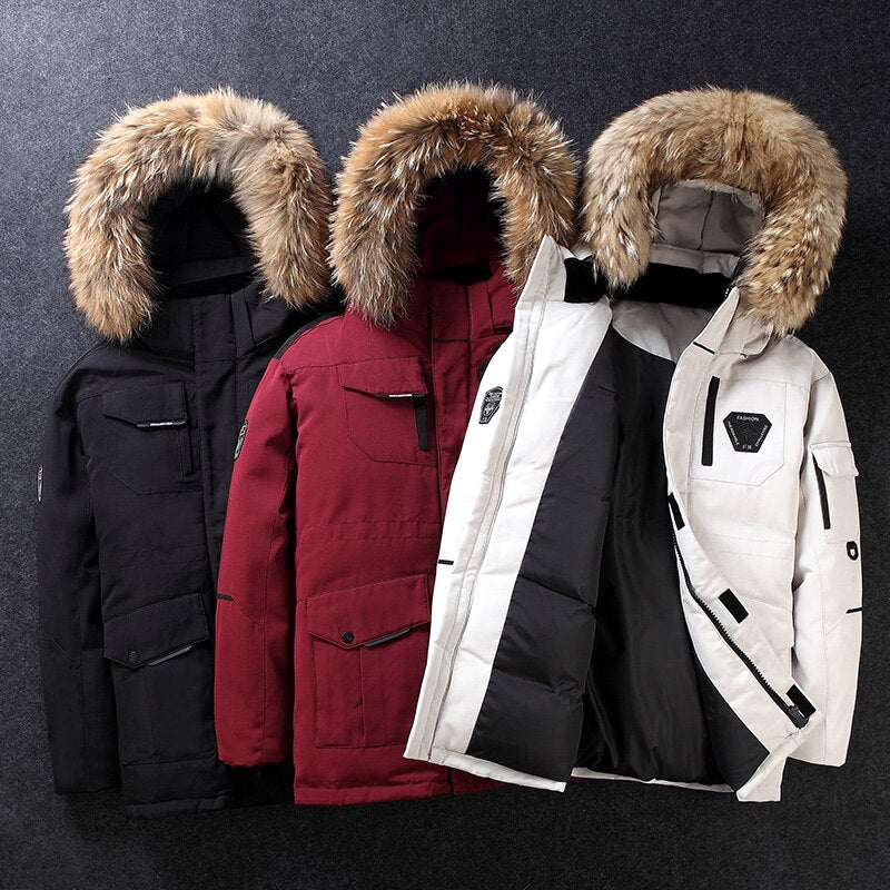 -30 Degree Winter Down Jacket Men Down Cotton Parkas Coat Mid-length Large Fur Collar Male Thicken Coat Snow Overcoat Parkas