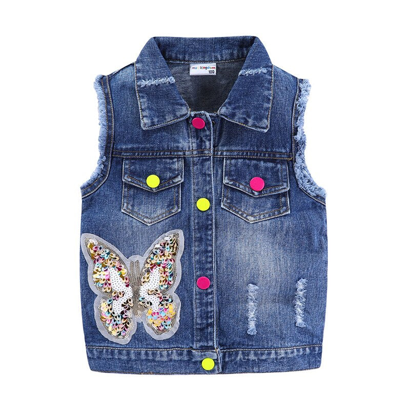 Mudkingdom Ripped Girls Denim Vest Butterfly Sequin Turn-Down Collar Autumn Sleeveless Jacket Kids Jean for Girl Sparkly Clothes