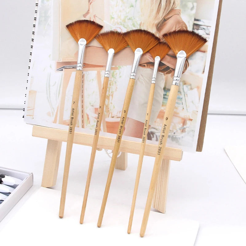 5Pcs/Set Creative Fan Shap Gouache Painting Pen High Quality Nylon Hair Wooden Paint Brush Sets Drawing Art Supplies For Student