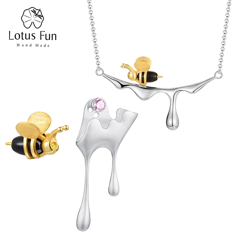 Lotus Fun Real 925 Sterling Silver Handmade Designer Fine Jewelry 18K Gold Bee and Dripping Honey  Jewelry Set for Women Gift